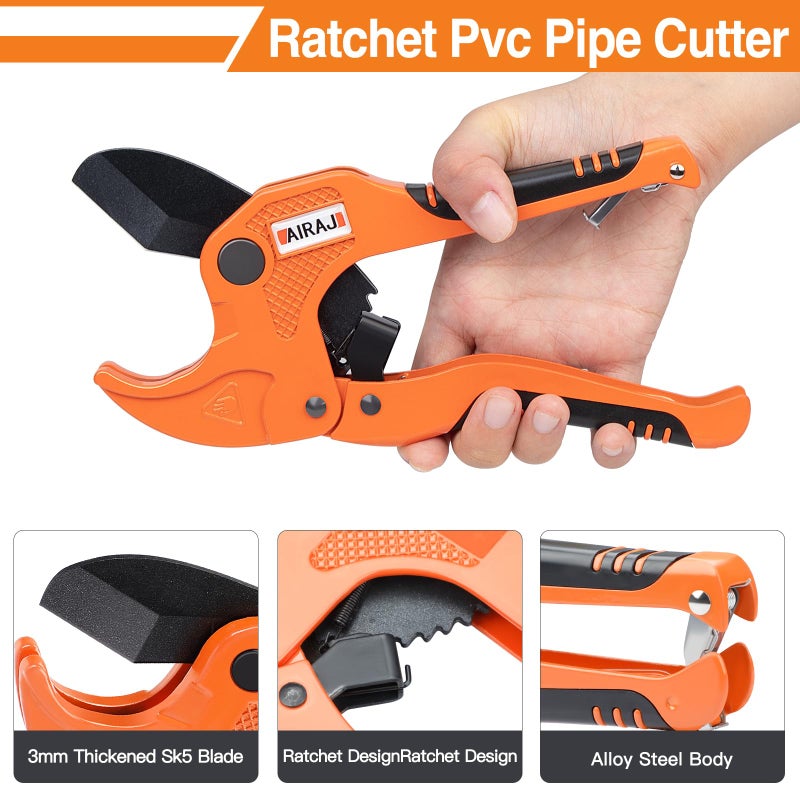 AIRAJ- PVC Pipe Cutter | Cuts up to 1-3/4" (1.75'') | Ratcheting PVC Cutter Tool | PEX Pipe Cutter | V Shaped SK5 Steel Blade | Suitable for PVC/CPVC/PP/PEX/PE Plastic Pipe Cutters - Image 3